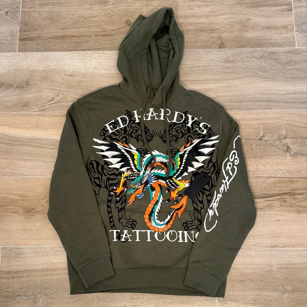 Ed Hardy Tattooing Dragon Wings Olive Pullover Hoodie